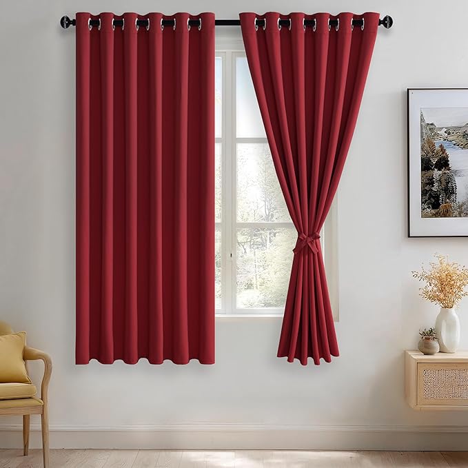 JIUZHEN Red Blackout Curtains with Tiebacks - Thermal Insulated, Light Blocking and Noise Reducing Grommet Curtains for Bedroom and Living Room, Set of 2 Window Curtain Panels, 70 x 63 Inch Length