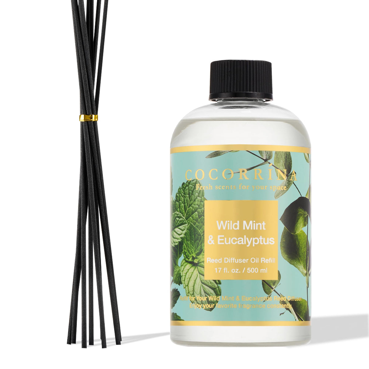 Cocorrína Reed Diffuser Refill Wild Mint & Eucalyptus 17oz (500ml) with 8 Sticks - Premium Long-Lasting Scented Oil, Home Fragrance for Bedroom, Bathroom Home Decor