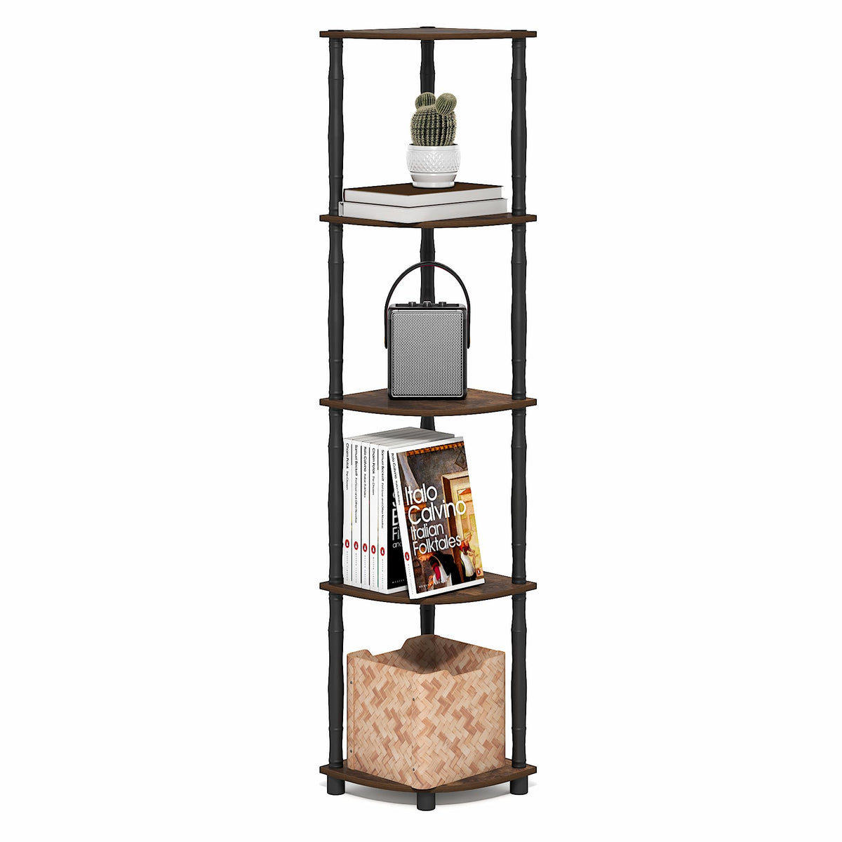 Furinno Turn-N-Tube Storage Shelves, 5-Tier Corner Book Shelf, Standing Corner Shelf, Toolless Open Shelves, Classic Tubes, for Organization and Storage, Living Room, Home Office, Amber Pine