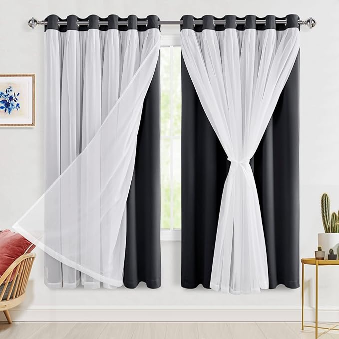 Hiasan Extra Wide Blackout Curtains with Sheer Overlay Thermal Insulated Double Layer Indoor Curtains 63 inches Long,2 Panels with Tiebacks, Black, 70W X 63L