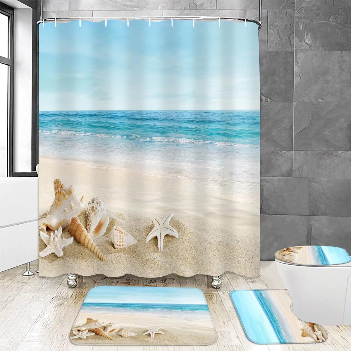 Chrainy 4pcs Beach Blue Sea Shower Curtain Set with Rugs Blue Bath Decor