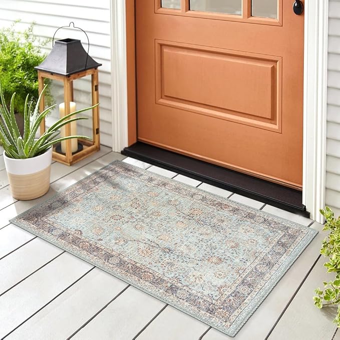 GLN Rugs Traditional Collection - Machine Washable Area Rug, Traditional Washable, Non Slip, Low Pile Chenille Rug, Living Room, Bedroom, Kitchen Rug (2'x3' Blue Floral)