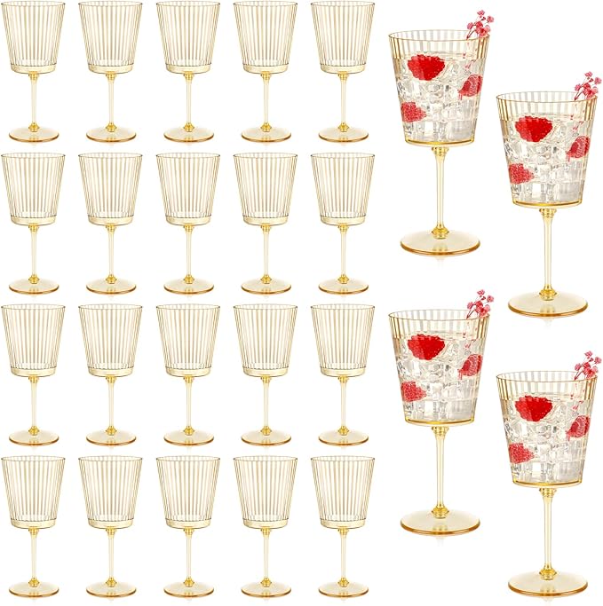 24 PCS Gold Ribbed Plastic Wine Glasses 13.5 OZ Ribbed Wine Glasses Detachable Wine Glass Elegant Fluted Glassware Vintage Style for Wedding Anniversary Birthday Dinner Parties