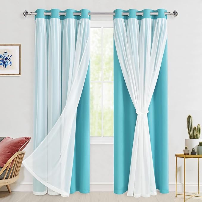 Hiasan Blackout Curtains with Sheer Overlay, Thermal Insulated Privacy Double Layer Mix & Match Grommet Window Curtains for Bedroom, Living Room, 2 Drape Panels with Tiebacks, Turquoise, 52W X 84L
