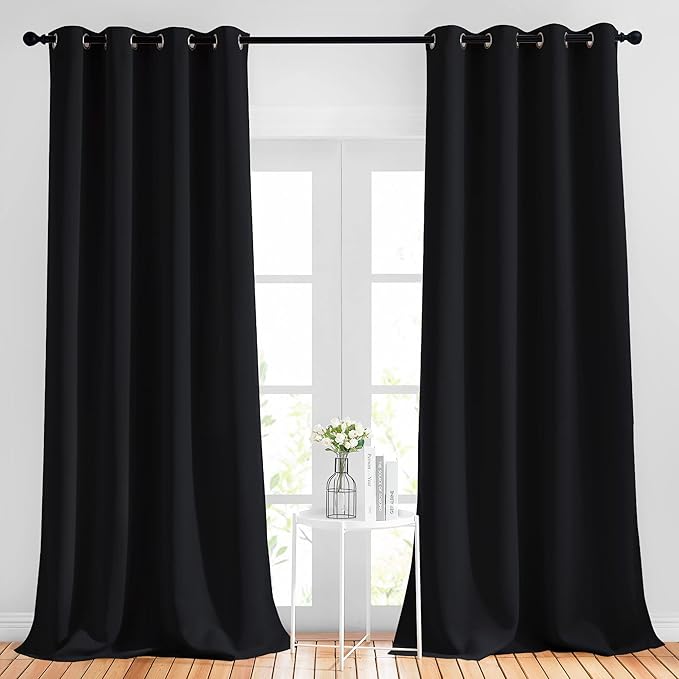 NICETOWN Blackout Black Curtains & Drapes 90 inches Long - Grommet Thermal Insulated Blackout Drapes Light Blinds Room Darkening Window Treatments for Bedroom (2 Panels, W52 x L90, Black)