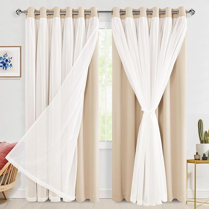Hiasan Mix & Match Blackout Curtains with Sheer Overlay, Thermal Insulated Privacy Double Layer Room Darkening Window Curtains for Bedroom, Living Room, 2 Panels with Tiebacks, Beige, 70W X 84L
