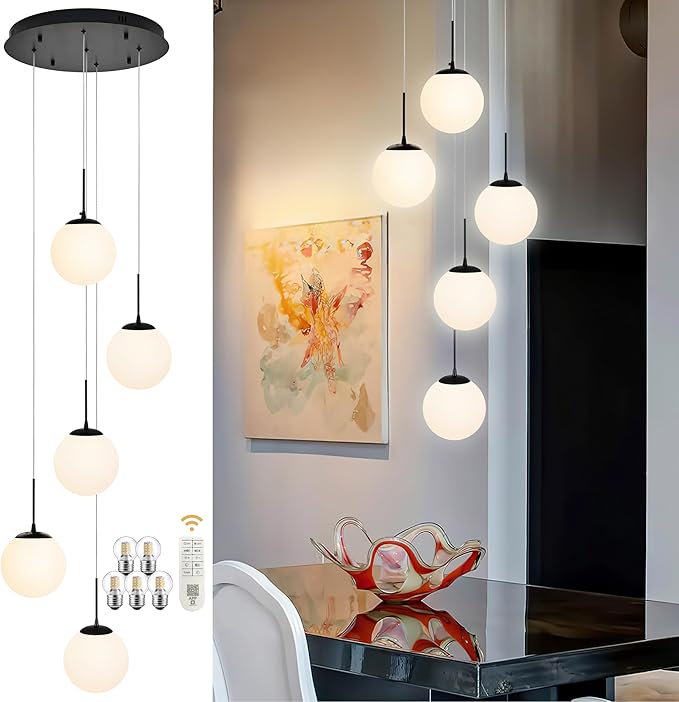 KoKo&Yukina 5-Light Globe Glass Pendant Light Adjustable Length Pendant Lights Fixtures Modern Black Chandelier with Milky White Glass Ceiling Lights for Living Room Staircase (Bulb & Remote Incl.)