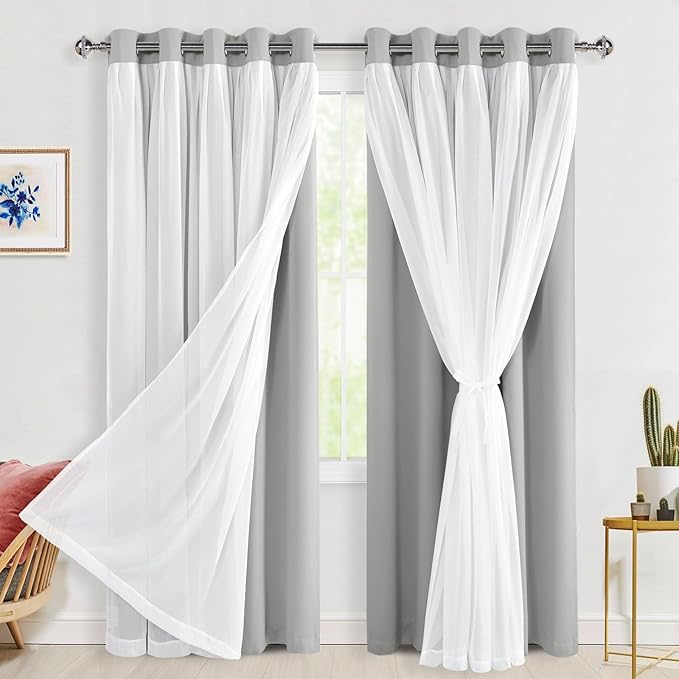 Hiasan Silver Grey Blackout Curtains with Sheer 84 Inches Long, Thermal Insulated Double Layer Room Darkening Curtains for Bedroom, Living Room, 2 Window Drape Panels with Tiebacks, 60W X 84L