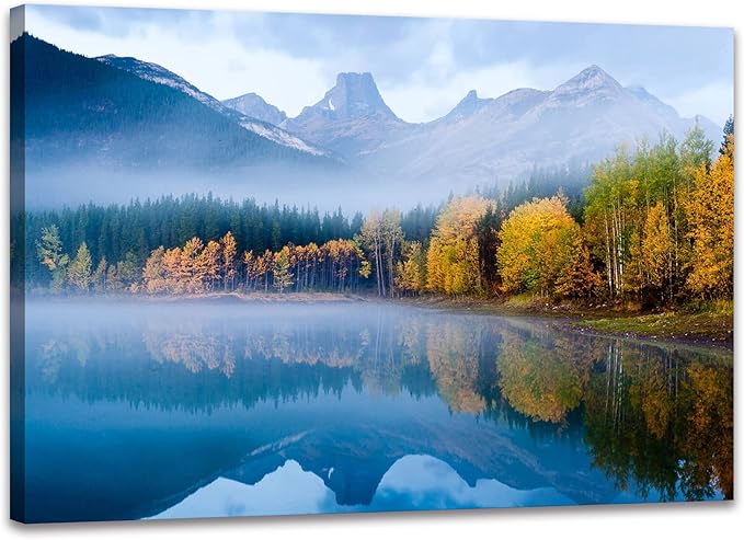 SKASNFAI Lake Canvas Wall Art National Park Forest Mountains Painting Artwork Nature Prints Poster Framed for Living Room Bedroom (16x24 inch)