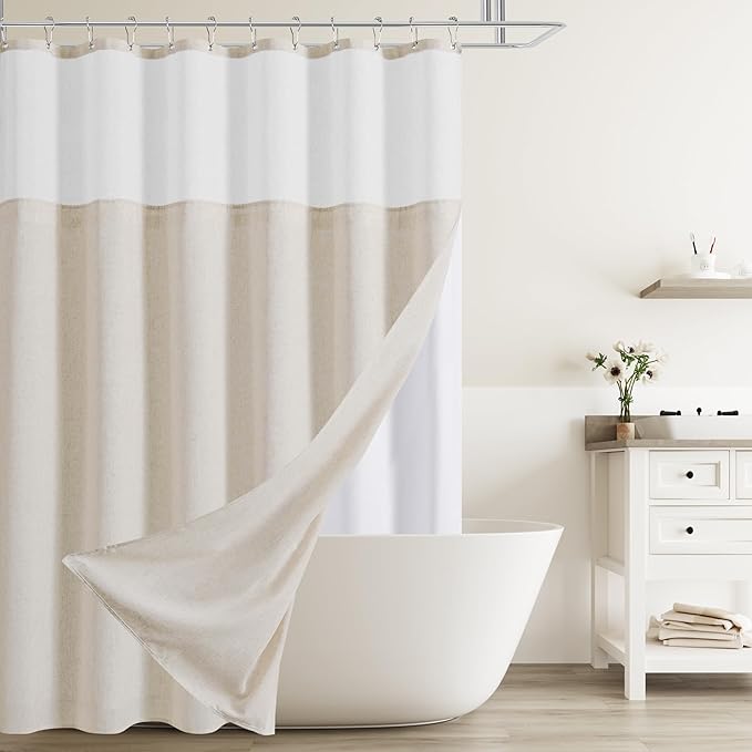 Naturoom Beige Linen Shower Curtain with Snap in Liner Set Rustic Farmhouse Shower Curtains for Bathroom 200GSM Textured Cream Burlap Cloth Double Bath Curtains with See Through Top Window 72x72