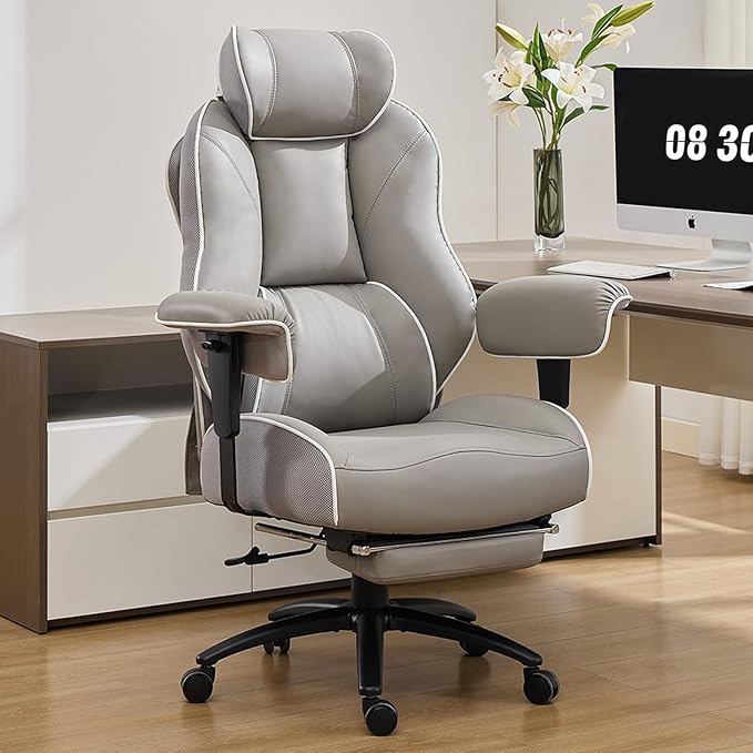 DJ·Wang Big and Tall Office Chair with Foot Rest (PU Gray)