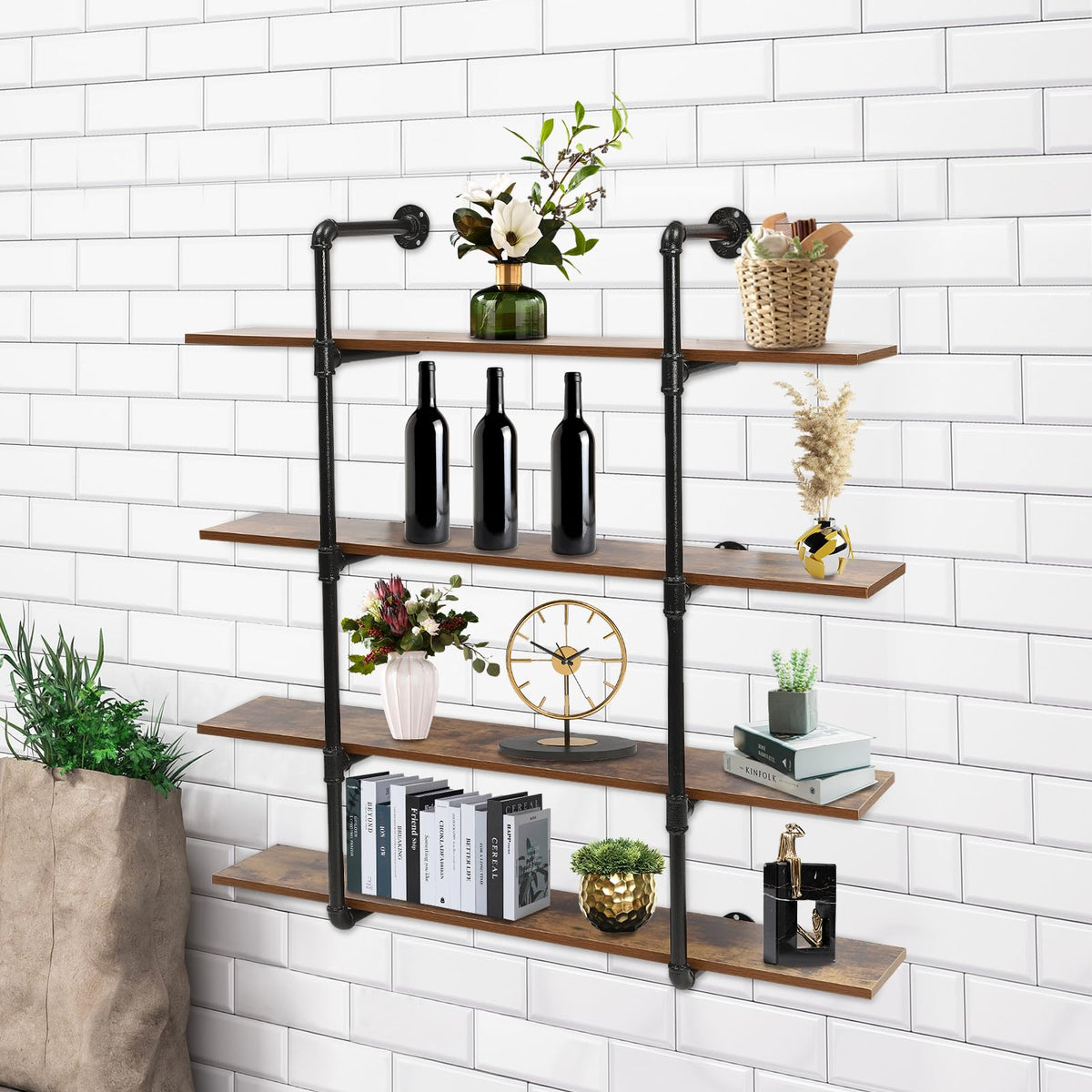 4 Tier Industrial Pipe Shelving Wall Mounted, Rustic Metal Floating Shelves, Real Wood Book Shelves, Wall Shelf Unit Bookshelf Hanging Wall Shelves, Farmhouse Kitchen Bar Shelving (42*9.8*43.2 inch)