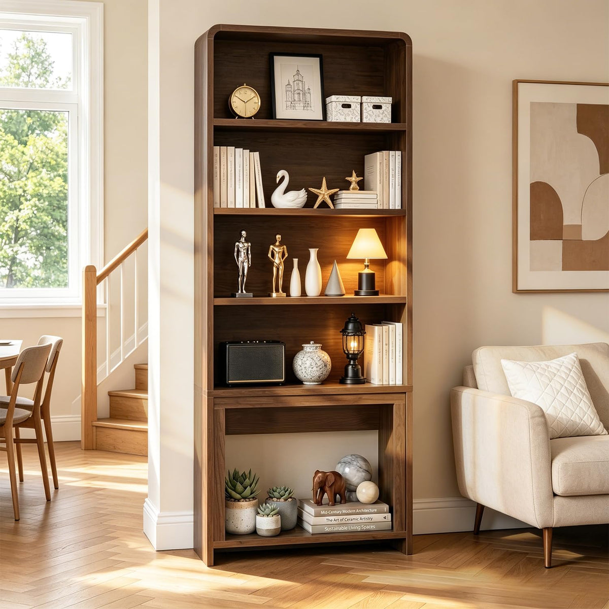BOSSIN 70 Inch Tall Bookshelf, 5-Tier Open Wood Bookcase Storage Shelving Unit with Anti-Tipping Device, Freestanding Display Book Shelf Organizer for Living Room, Bedroom, Office, Walnut Brown
