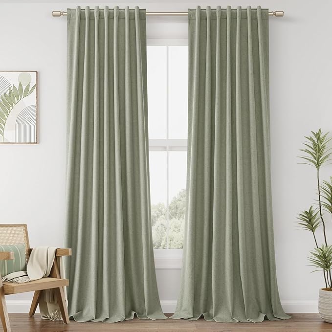 Guken Sage Green Linen Blackout Curtains 126 Inch Length 2 Panels Set for Living Room Bedroom Back Tab Thermal Insulated 100% Black Out Linen Drapes Room Darkening Window Curtains 126 Inches Long