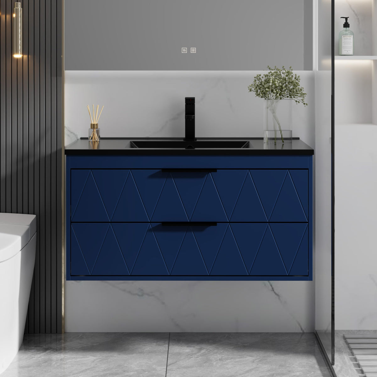 eclife 36" Floating Bathroom Vanity with Sink Combo, Modern Wall-Mounted Vanities Cabinet W/Decor Lines, Soft-Closing Drawers, Single Black Sink, Faucet & Drain, Blue