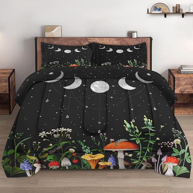 Full Size Comforter Set with 2 Pillowcases, Mushroom Plant Floral 3 Pcs Bedding for Kids and Adults, Flower Summer Moon Night Soft Comforter Set for Bedroom Bed Decor