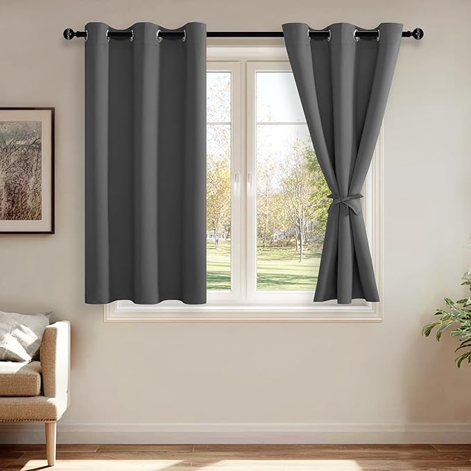 JIUZHEN Blackout Curtains with Tiebacks - Thermal Insulated, Light Blocking and Noise Reducing Grommet Curtain Drapes for Bedroom and Living Room, Set of 2 Panels, 42 x 54 Inch Length, Dark Grey