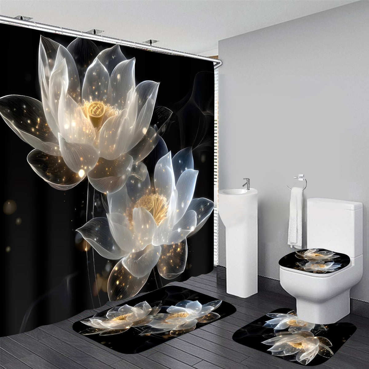 AZHM 4pcs Zen Lotus Pattern Bathroom Set with Shower Curtain and Rugs