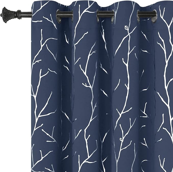 BUHUA Navy Blue Blackout Curtains, Grommet Thermal Insulated Shinny Tree Branches Print Curtain for Bedroom, 52W x 63L, Set of 2 Panels