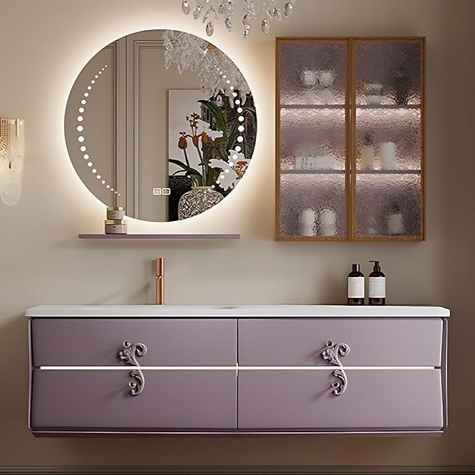 Bathroom Vanity with Sink - Including Defogging & Led Lights, Modern Bathroom Cabinet with 3 Drawers & Lipstick Box | Floating Bathroom Vanities Have Exquisite Handles (Round Mirror, 52'')
