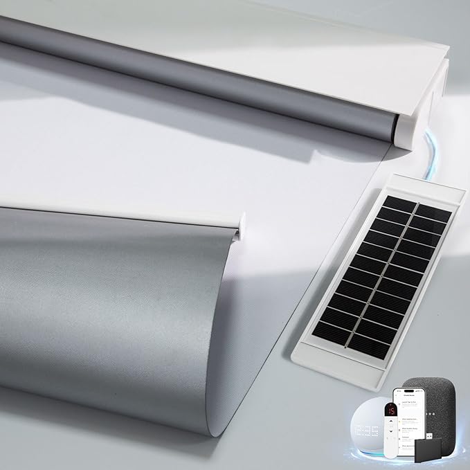 Motorized Blinds with Remote, Smart Blinds with Solar Panel, Thermal Blackout Electric Blinds, Automatic Blinds for Windows Compatible with Alexa, White-32 x72