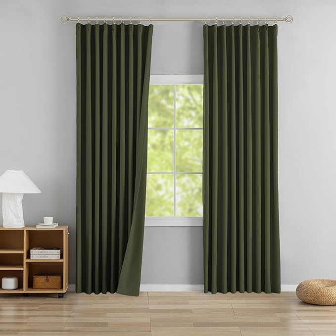 DONREN Olive Green Pinch Pleated Blackout Curtains with Hooks - 132 inches Extra Long Room Darkening Thermal Insulated Window Curtain Panels for High Ceiling Living Room 2 Panel 40" Wx132 L