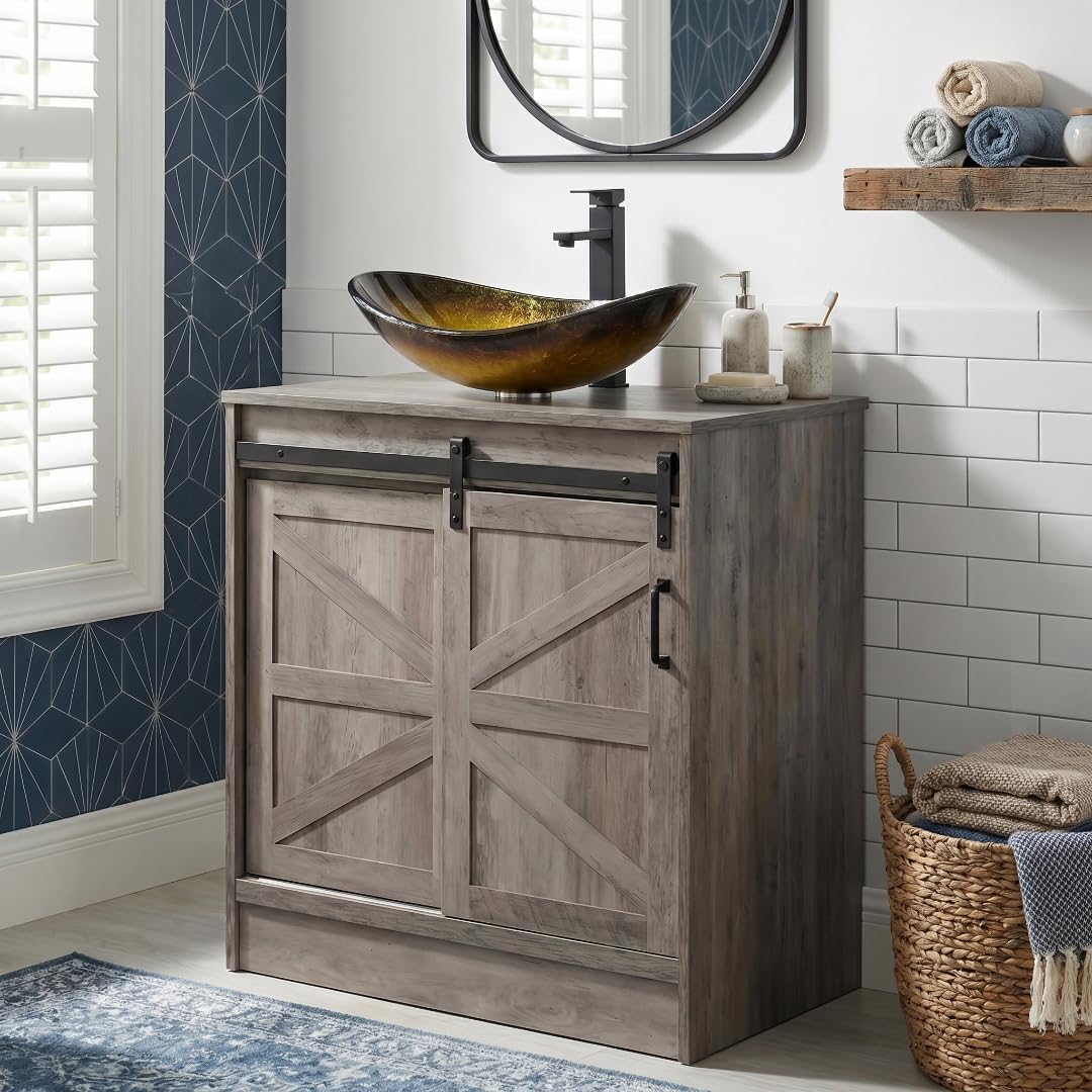 SOLIDEE 30 Inch Barn Door Bathroom Vanity, Farmhouse Style Standing Pedestal Cabinet with Gold Boat Glass Vessel Sink