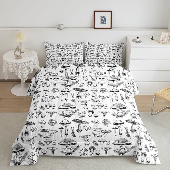 Mushroom Kids Comforter Set King Size,Abstract Hand Drawn Sketch Rustic Bedding Set,Boys Girls Room Decor,Botanical Plants Weed Flowers Down Comforter,Black White Retro Duvet Insert,2 Pillowcases
