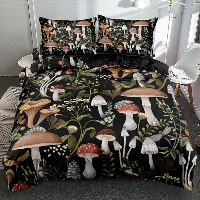 King Size Tropical Floral Mushroom Pattern Duvet Cover Set – Dark Brown Botanical Bedding for Boys & Girls, Natural & Romantic Feel