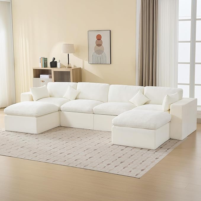 155''Cloud Boneless Sectional Couch, Modular Sectional Sofa Deep Seat with 2 Ottomans, Oversized Upholstered Convertible Comfy 6 Seater Chenille Sofa U Shape Couches for Living Room, Beige
