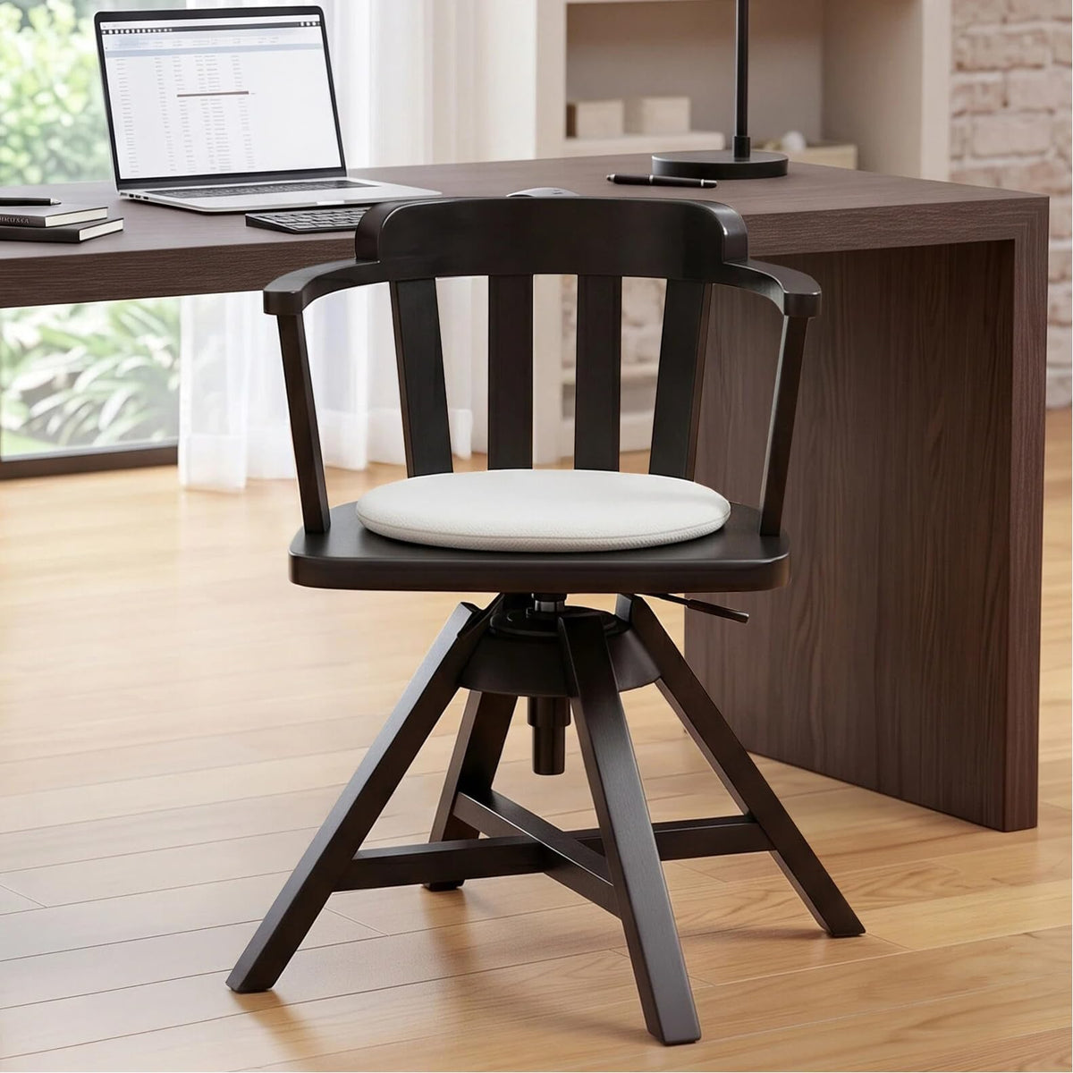 Zesthouse Solid Wood Home Office Desk Chair with Arms, Vintage Office Chair with Adjustable Height, Heavy Duty Desk Chair with Cushion & Slatted Back, Swivel Wooden Computer Task Chair No Wheels Black