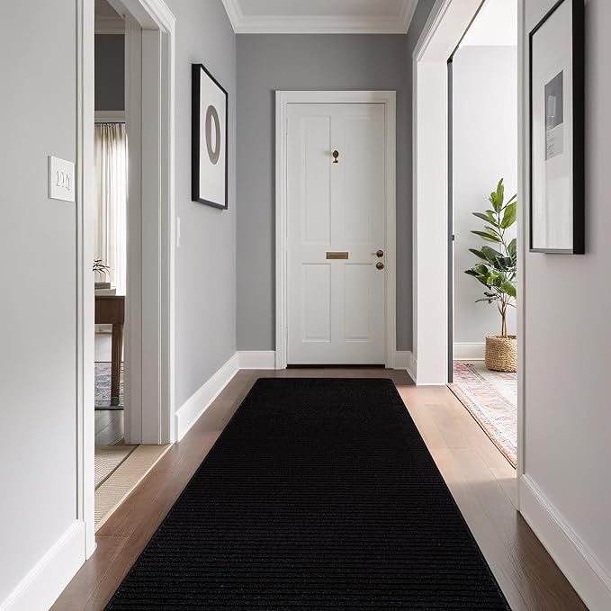 Beverly Rug Non-Slip Modern Runner Rug 2x7 Solid Traditional Rubber Backing Machine Washable Soft Thin Indoor Area Rugs for Living Room Stain Resistant Non Shedding Casual Carpet (2 x 7 Black)