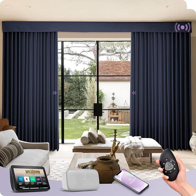 Graywind Hardwired Smart Curtains Compatible with Alexa Google Remote Control Motorized Drape for Sliding Door One-Way or Split Draw, Custom Width to 220" (Sapphire Blue)