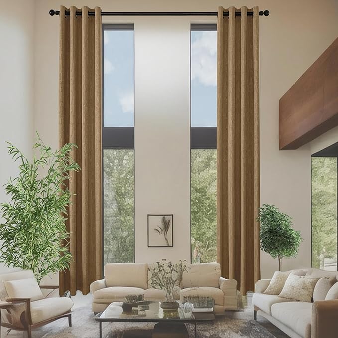 Linen Curtains 188 inch Length 2 Panels for High Ceiling Extra Long Thick Faux Linen Window Drapes Burlap Textured Curtains with Grommet for 2 Story High Living Room (52x188 Light Coffee)