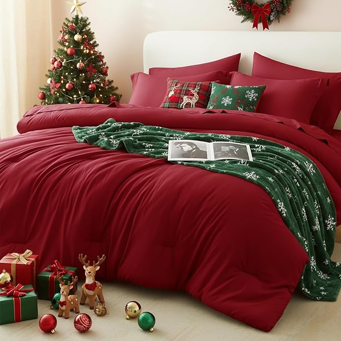 CozyLux King Size Comforter Set Dark Red, 7 Pieces Bed in a Bag King Comforter Set with Sheets, Bedding Set with Down Alternative Comforter, Fitted Sheets, Flat Sheets, Pillow Shams and Pillowcases