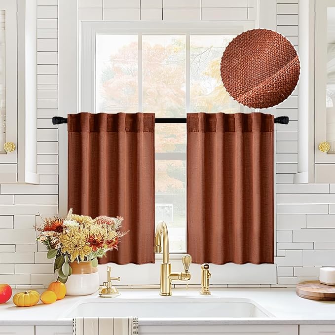 MIULEE Burnt Orange Kitchen Curtains 30 Inch Length 2 Panels, Soft Thick Linen Textured Semi Sheer Light Filtering Short Cafe Tier Curtains for Small Half Window Back Tab Rod Pocket Fall Boho Decor