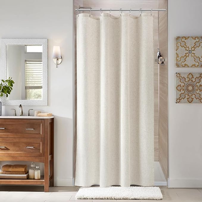 Naturoom 42 Inch Shower Curtain - Narrow Half Small Beige Linen Ultra Thick Fabric Shower Curtain Set with 6 Hooks, Natural Boho Farmhouse Rustic RV Camper Bath Curtains for Bathroom, Cream