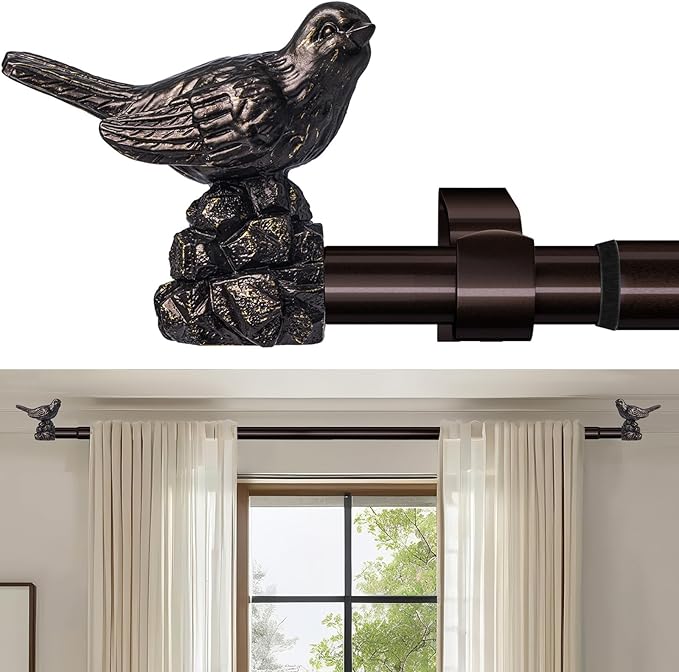 Curtain Rod 36 to 168 Inches Vintage Oil Bronze Curtain Rods for Windows Adjustable Drapery Rod with Bird Finials Heavy Duty Window Brown Curtains Rods for Living Room Bedroom