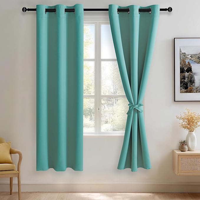 JIUZHEN Turquoise Blackout Curtains with Tiebacks Thermal Insulated, Light Blocking and Noise Reducing Grommet Curtains for Bedroom and Living Room, Set of 2 Window Curtain Panels, 42 x 72 Inch Length