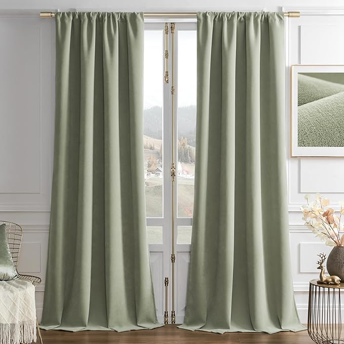 Joydeco Sage Green Velvet Curtains 108 Inches 2 Panels,Luxury Thermal Insulated Soft Green Curtains for Bedroom & Living Room, Room Darkening Velvet Drapes, Rod Pocket (52W x 108L)