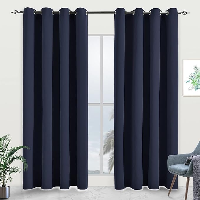 Blackout Curtains for Bedroom Thermal Insulated Light Blocking Room Darkening Curtains Solid Grommet Window Drapes for Living Room, Set of 2 Curtain Panels 52 W x 84 L inch Long Navy