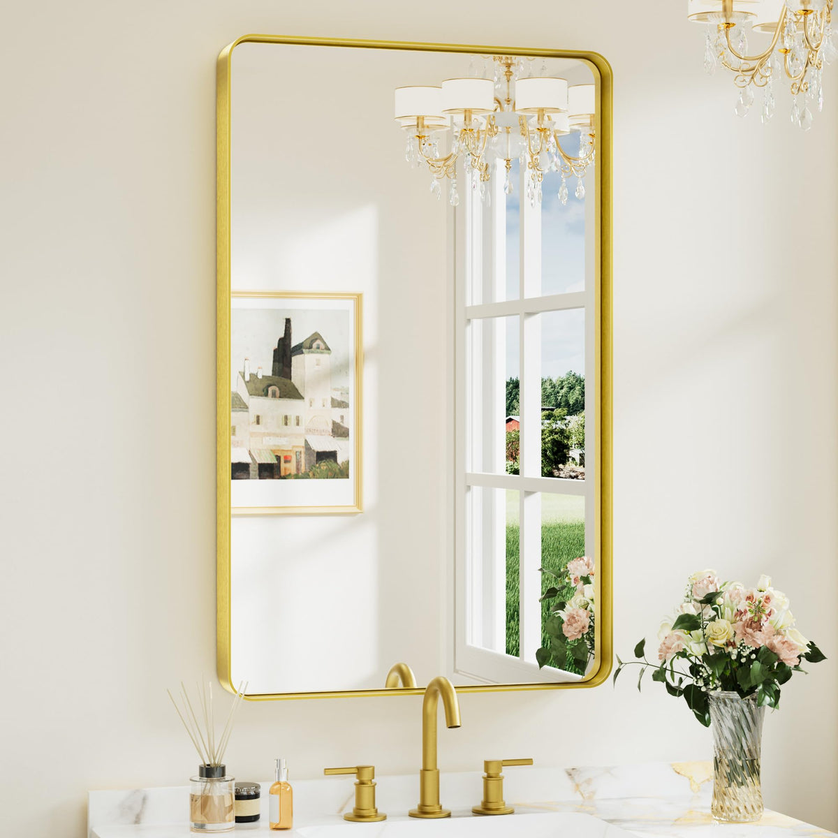 Keonjinn 40 x 24 Inch Gold Bathroom Mirrors for Over Sink, Tempered Glass