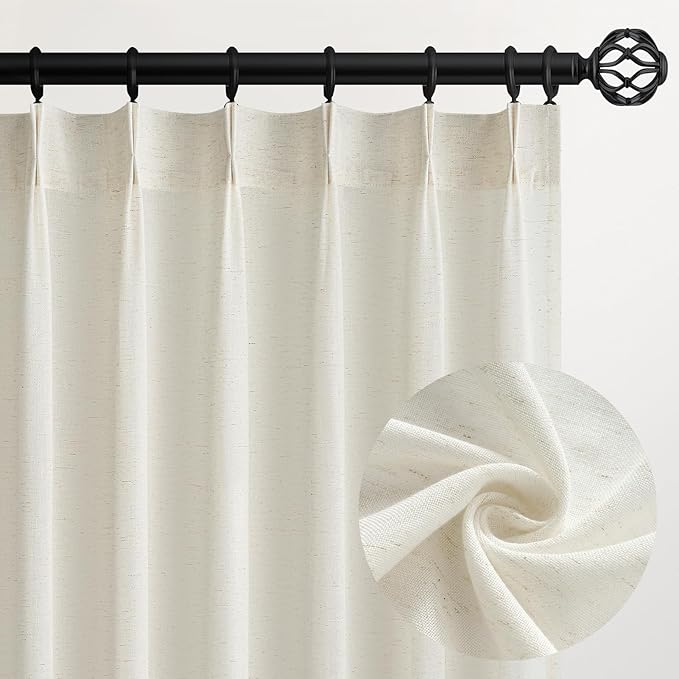 Topfinel Natural Pinch Pleated Linen Curtains 100 Inch Length 2 Panels for Living Room Bedroom Semi Sheer Window Curtain Boho Neutral Back Tab Pinch Pleat Drape with Hooks 100 Inches Long
