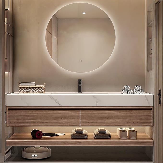 Floating Wood Bathroom Vanity - 2 Large Deep Drawer & Marble Countertop & Open Shelf | Bathroom Led Mirror, Bathroom Vanity with Sink (48'')