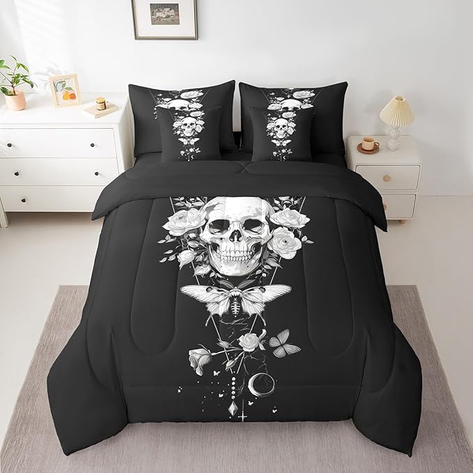 Feelyou 7 Piece Death Moth Bed in a Bag King Rustic Garden Flower Sheet Set Sun and Moon Galaxy for Boys Girls Kids Gothic Skull Skeleton Bedding Comforter Boho Style Cushion Covers