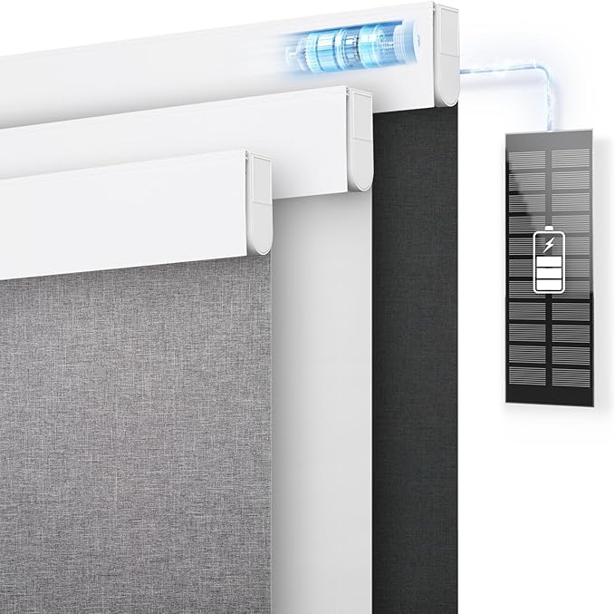 DENFOON Motorized Blinds with Remote control, Custom Blackout Smart Blinds [with Cover],Electric Blinds with Complimentary Solar Panel, Cordless Automatic Roller Shades for Windows (Black，33"W x 72"H)