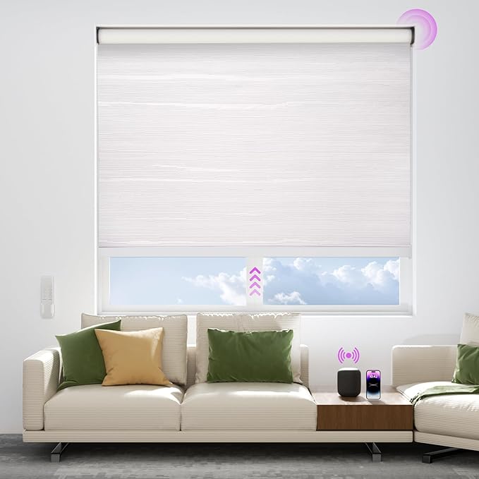 Astomi Motorized Blinds with Remote - Blackout Smart Roller Shades Compatible with Alexa & Goggle Home, Solar Rechargeable, Custom Size 22" - 100" for Indoor Window, Pure Snow