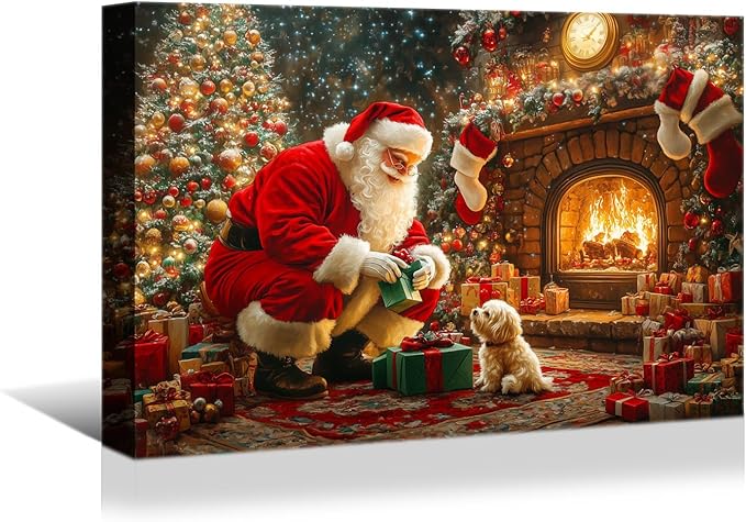 YONICA Christmas Wall Decor Santa Canvas Wall Art Home Decorations 40x28 Inches - Santa Pictures Christmas Pine Tree Pet Dog Prints Winter Painting Xmas Artworks for Living Room Bedroom
