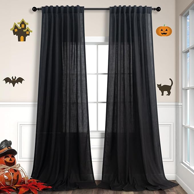 Pitalk 102 Inch Long Curtains Black for Living Room Dinning 2 Panel Set Back Tab Pocket Light Filtering Large Window Drape Boho Modern Farmhouse Linen Curtain 102 Length for Sliding Glass Door Bedroom