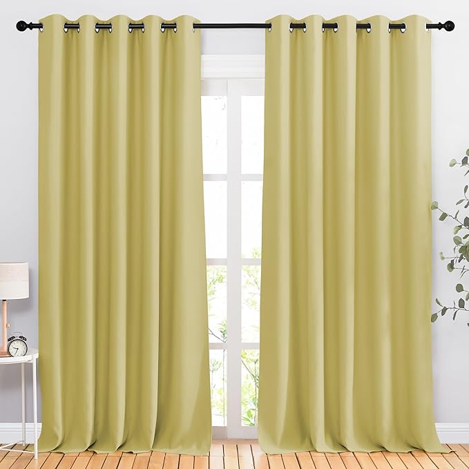 NICETOWN Room Darkening Curtains for Sliding Glass Door, Grommet Thermal Window Treatment Room Dividers Curtains for Living Room/Bedroom, Paler Yellow, 2 Panels, W66 x L102